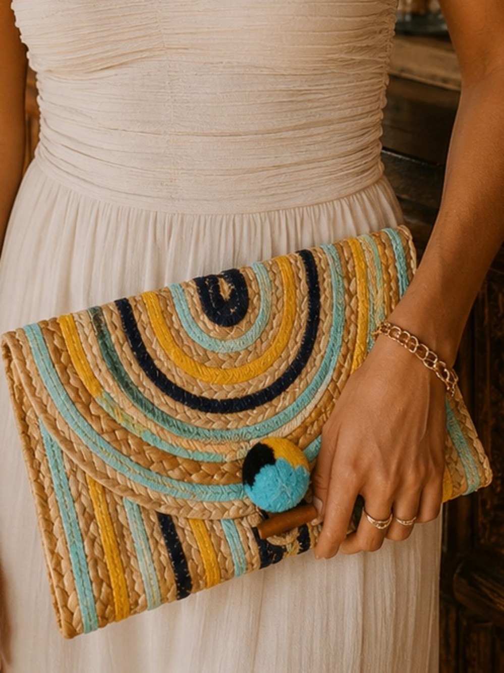 AMERICA & BEYOND Sunset Striped Staw Woven Jute Clutch Beach Bag Tan OS NWT